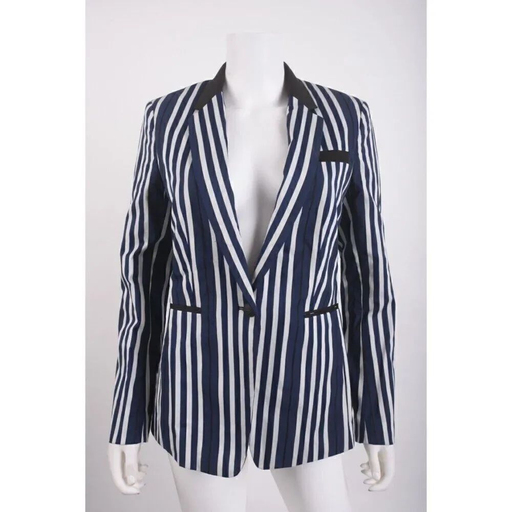 Rag & Bone Womans Suit Jacket Blazer M Cotton Stretch Navy Blue Striped NWOT